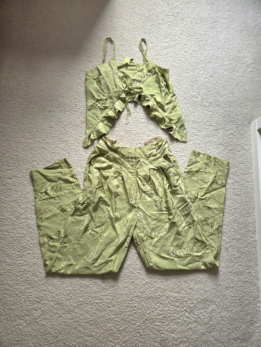 Farm Rio Green Satin Trouser And Ruffled Top Set